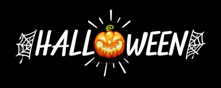 Illustration for Halloween Lettering with Web and Pumpkin. Vector illustration isolated on black background. - Royalty Free Image