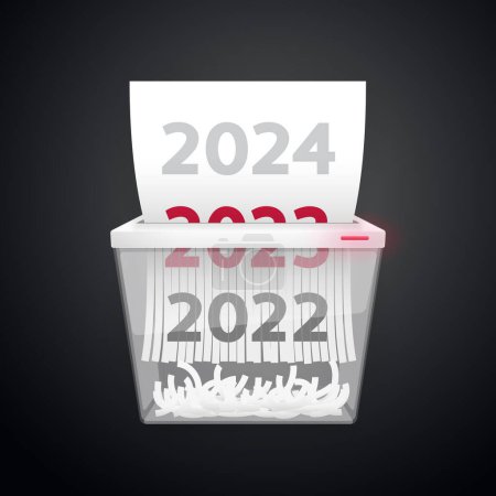 Ilustración de Los documentos 2022, 2023, 2024 se cortan en trituradora sobre fondo oscuro. Recorte caminos incluidos. - Imagen libre de derechos