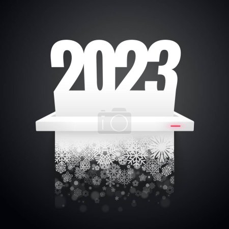 Téléchargez les illustrations : Document papier 2023 est coupé en flocons de neige sur fond sombre - en licence libre de droit