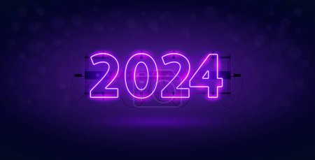 Téléchargez les photos : Fluo lumineux 2024 sur fond violet foncé. Clipart vectoriel pour vos projets de vacances. - en image libre de droit