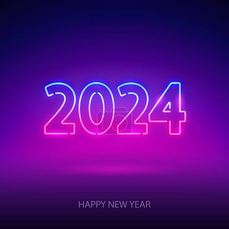 Téléchargez les photos : Bonne année 2024 néon signe. Illustration vectorielle pour les projets Vacances. - en image libre de droit