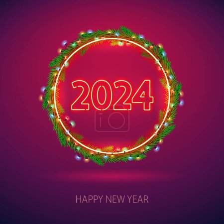 Téléchargez les photos : Bonne année 2024 néon signe avec couronne de sapin sur fond rouge. Illustration vectorielle pour les projets Vacances. - en image libre de droit