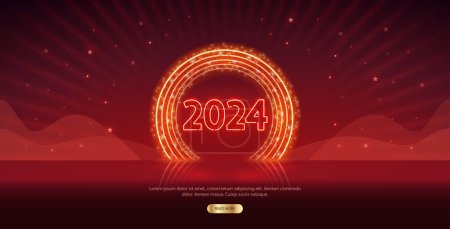 Téléchargez les photos : Nouvel An 2024 Modèle au néon sur fond rouge vif. Clipart vectoriel pour vos projets. - en image libre de droit