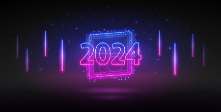 Téléchargez les photos : Nouvel An 2024 Modèle de conception au néon sur fond noir. Clipart vectoriel pour vos projets de vacances. - en image libre de droit