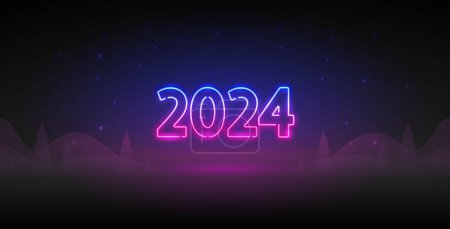 Téléchargez les photos : Nouvel An 2024 Modèle au néon sur fond sombre. Clipart vectoriel pour vos projets. - en image libre de droit
