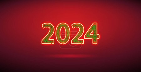 Téléchargez les photos : Bonne année 2024 enseigne au néon avec des branches d'épinette sur fond rouge. Illustration vectorielle pour les projets Vacances. - en image libre de droit