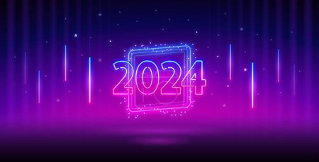 Téléchargez les photos : Nouvel An 2024 Modèle de conception au néon sur fond violet foncé. Clipart vectoriel pour vos projets de vacances. - en image libre de droit