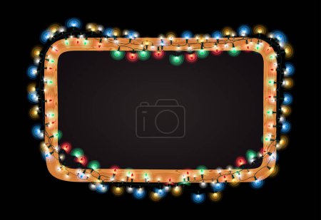 Téléchargez les photos : Tableau noir de Noël avec bannière de lumières. Projets de vacances wor utilisables. Isolé sur fond noir. - en image libre de droit