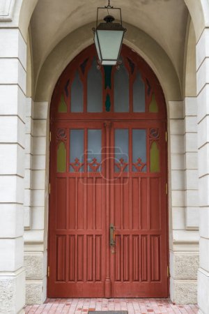 tall vintage brown wooden door with classic archway