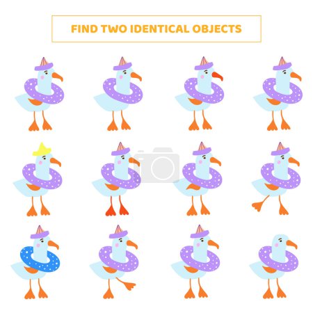 Find two identical objects. Matching game with cartoon seagulls.