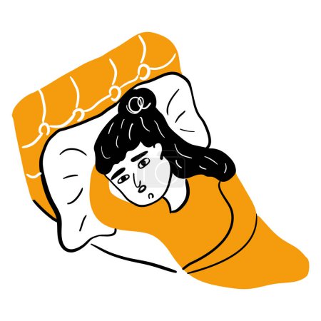 Illustration for A worried anxious depressed girl lies in bed trying to sleep. Problem of insomnia, nightmares, menopause, suicidal thoughts. Doodle style vector illustration isolated on white background. - Royalty Free Image