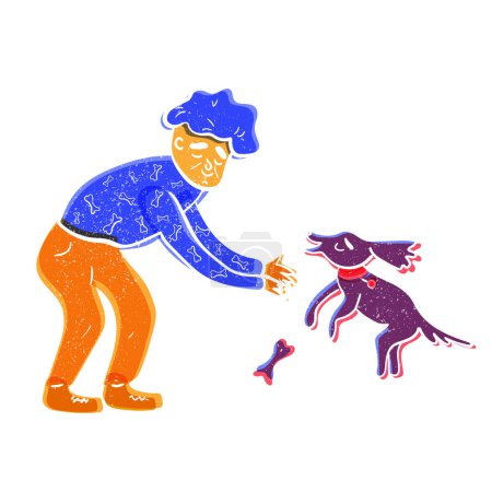Ein glücklicher alter Mann verbringt seine Zeit damit, aktiv mit seinem Hund zu spielen. Vector Doodle Illustration mit Retro-Risograph-Effekt. Das Konzept der psychischen Gesundheit und Prävention von Depressionen im Alter. 