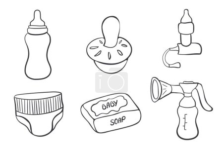 Set von Symbolen für Kinderwaren. Fütterungsflasche, Schnuller, Sauger, Windel, Seife, Brustpumpe Vektor Doodle Designelemente.