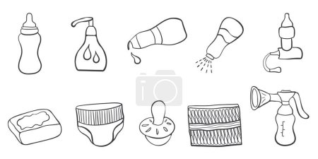 Illustration for Set of hand drawn baby goods icons. Doodle vector illustration. Hand gel Moisturizer Lotion Toner Soap Hygiene Spray Pacifier Ear buds Diaper Aspirator Breast pump. - Royalty Free Image