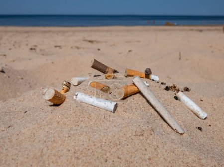 Foto de Diferentes tipos de colillas de cigarrillos en la arena blanca en la playa del mar Báltico con agua en el fondo como contaminación plástica tóxica en la arena de la playa. La mayoría de los artículos de plástico en el mundo. Contaminación marina - Imagen libre de derechos