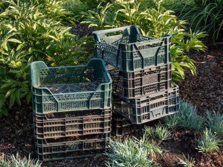 Große schwarze und grüne Plastikboxen stapeln sich an sonnigen Tagen für Pflanzen mit Blumenbeeten im Hintergrund. Gartenkonzept