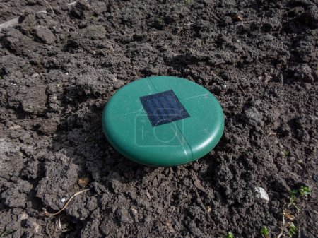 Nahaufnahme des Ultraschall-, solarbetriebenen Maulwurf- oder Repellergeräts im Boden in einem Gemüsebeet im Garten. Gerät mit Piepton, um Schädlinge fernzuhalten