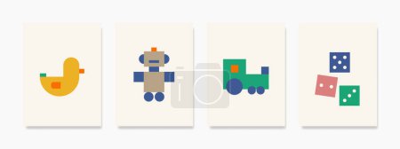 Illustration for Wall art with child nuances about robot toys, ducks, trains, and dice can give the impression of being cheerful, fun, and adventurous. This painting can be perfect for decorating a playroom. - Royalty Free Image