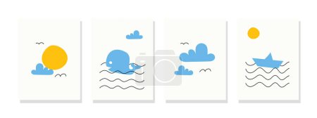 Illustration for A beautiful beach ocean illustration background with whales swimming happily and boats sailing on a sunny day. Bright backdrop, ideal for children's interior wall art. - Royalty Free Image