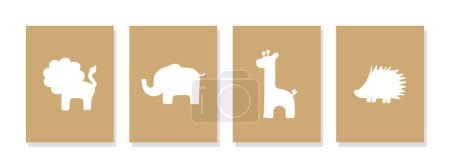 Téléchargez les illustrations : Art mural captivant avec des illustrations de silhouettes animales d'éléphants, girafes, porcs-épics et lions. Fond lumineux, parfait pour l'art mural imprimable pour enfants. - en licence libre de droit
