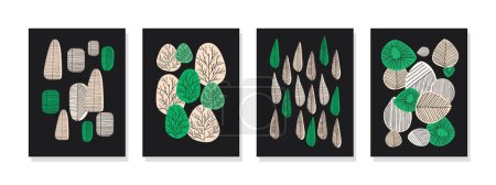 Collection of hand-drawn style abstract leaves on a dark background. Perfect for botanical wall decor, interior design, posters, covers, banners. Vector illustrations.