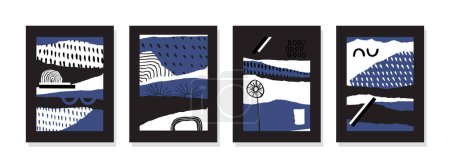 Ilustración de Exquisita colección de arte en armoniosos tonos azules y negros adorna las paredes, combinando cautivante arte mural, estampados enmarcados, etiquetas e imágenes. - Imagen libre de derechos