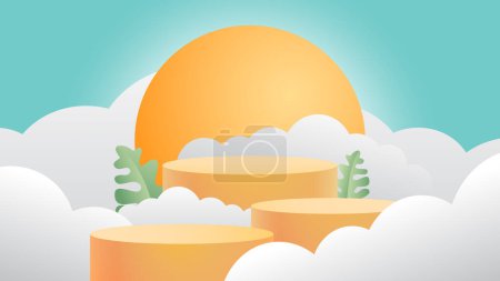 Téléchargez les illustrations : Améliorez vos produits avec un podium animé sur le thème de l'été. Design tropical avec soleil, nuages, feuilles, et un podium cylindre jaune sur fond de ciel ensoleillé. - en licence libre de droit