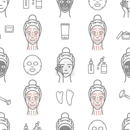 Téléchargez les illustrations : Skin care routine pattern seamless. Cosmetic and facial massage, fase roller. Skin care, beauty skin, woman face on white background - en licence libre de droit