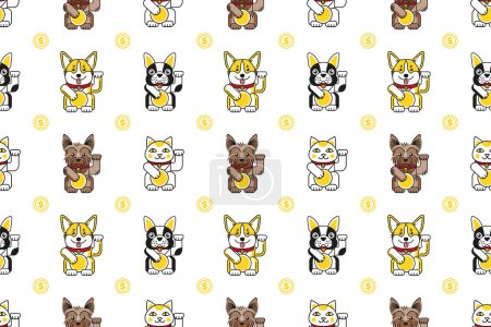 Illustration for Lucky cat with bulldog, corgi, Yorkshire terrier bring good luck seamless pattern - Royalty Free Image