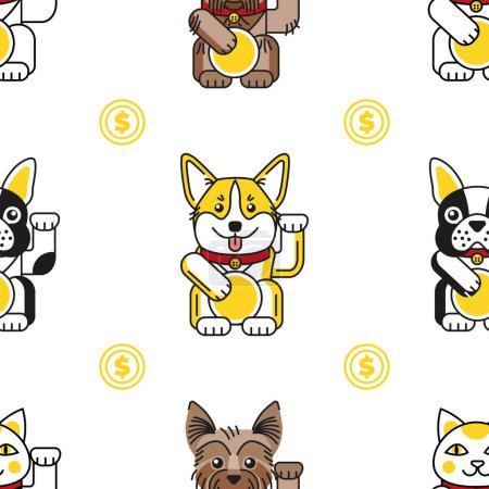 Téléchargez les illustrations : Lucky cat with bulldog, corgi, Yorkshire terrier bring good luck seamless pattern - en licence libre de droit