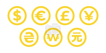 Téléchargez les illustrations : Currency exchange dollar, euro, won, hryvnia, pound and yen currency symbols vector isolated on white background. Currency exchange - en licence libre de droit