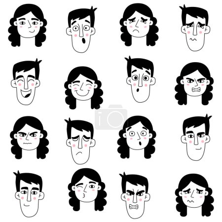 Téléchargez les illustrations : Man and woman face expression. Guy and girl face with different facial expressions seamless pattern on white background - en licence libre de droit