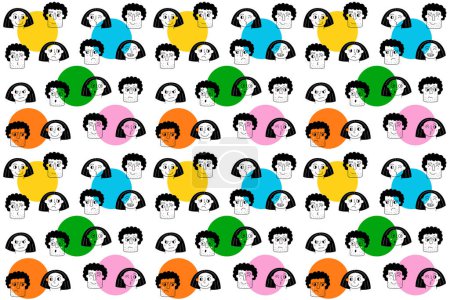 Téléchargez les illustrations : Couple in love seamless pattern background. Guy and girl face with different facial expressions. Cartoon style - en licence libre de droit