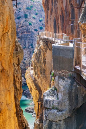 Caminito del Rey in the Gaitanes gorge in the province of Malaga, view of the old and new road inside a canyon.