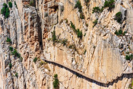 Caminito del Rey in the Gaitanes gorge, view of the path attached to a vertical wall of the gorge, Malaga