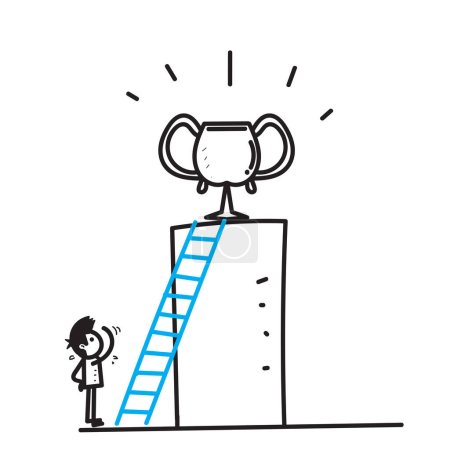 Illustration for Hand drawn doodle stick figure with ladder of success achieving goal illustration - Royalty Free Image