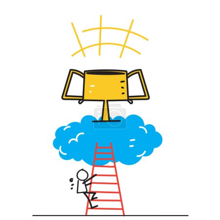 Ilustración de Figura garabato dibujado a mano con escalera de éxito logrando la ilustración de objetivos - Imagen libre de derechos
