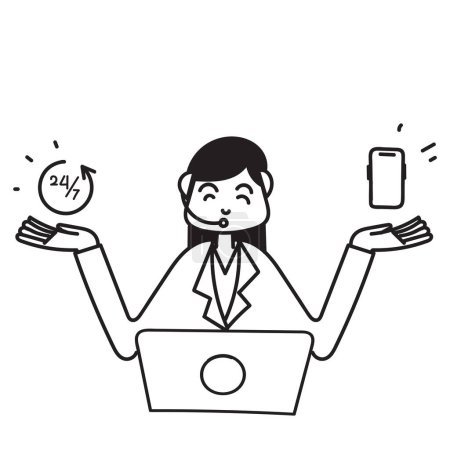 Illustration for Hand drawn doodle customer service agent with laptop and phone illustration - Royalty Free Image