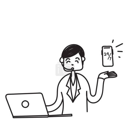 Illustration for Hand drawn doodle customer service agent with laptop and phone illustration - Royalty Free Image