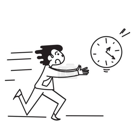 Téléchargez les illustrations : Dessiné à la main doodle personne personnes courir après horloge illustration - en licence libre de droit