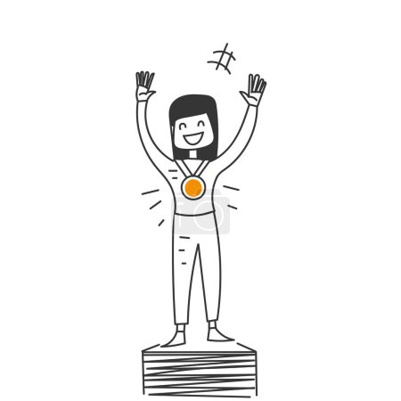 Illustration for Hand drawn doodle woman holding medal symbol for success illustration - Royalty Free Image
