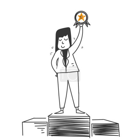 Ilustración de Garabato dibujado a mano mujer sosteniendo símbolo de medalla para la ilustración del éxito - Imagen libre de derechos