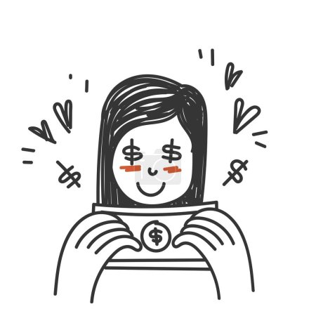 Illustration for Hand drawn doodle woman blushed with money shaped eyes illustration - Royalty Free Image