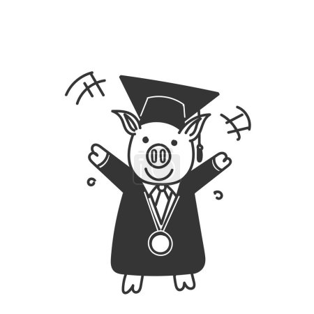 Illustration for Hand drawn doodle Piggy in Graduation Gown and hat illustration vector - Royalty Free Image