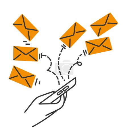 Handgezeichnetes Doodle-Handy sendet viele Briefumschläge als Symbol für E-Mail Marketing Illustration