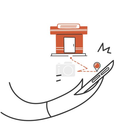 Ilustración de Hand drawn doodle find store location from smartphone illustration - Imagen libre de derechos