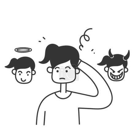 Illustration for Hand drawn doodle person confused to choose between good angels and bad demons illustration - Royalty Free Image