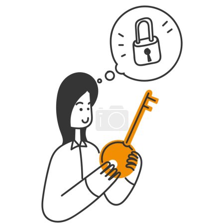 hand drawn doodle person insert the key into the padlock illustration