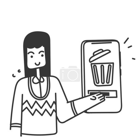 Illustration for Hand drawn doodle person cleaning mobile phone trash illustration - Royalty Free Image