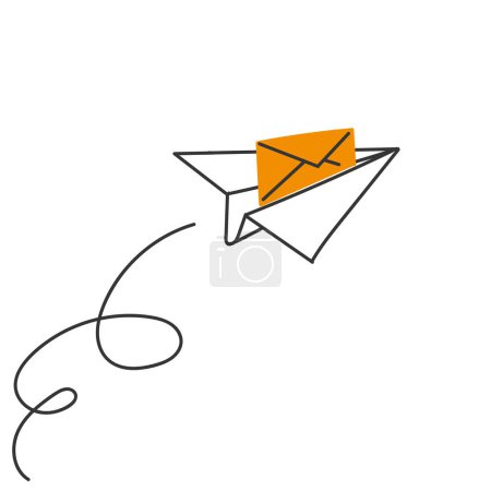 Handgezeichnetes Doodle-Papier-Flugzeug mit E-Mail-Illustration